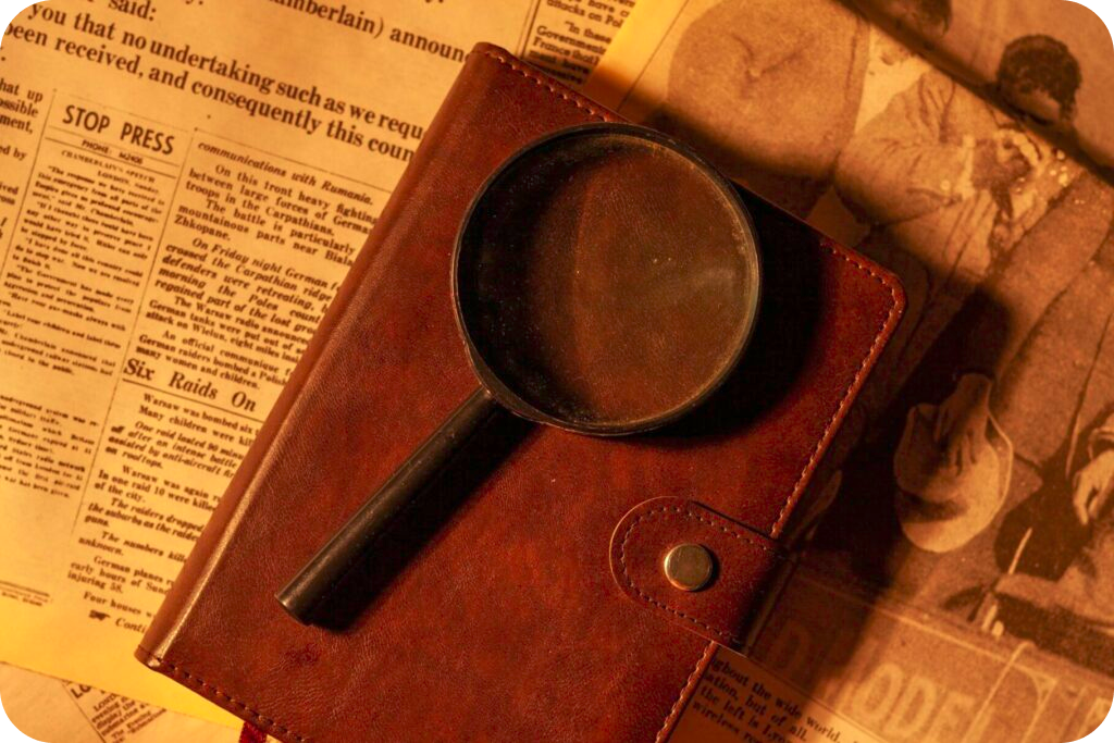 A leather journal and magnifying glass placed on vintage newspapers, evoking a nostalgic study ambiance.