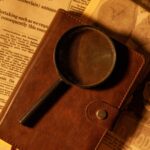 A leather journal and magnifying glass placed on vintage newspapers, evoking a nostalgic study ambiance.